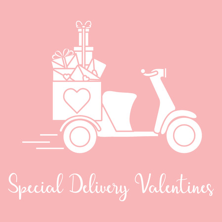 Delivery motorbike. Special delivery valentines. Happy Valentine's Day. Romantic background.のイラスト素材