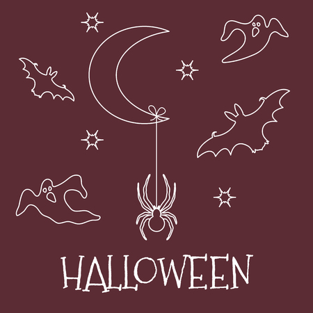 Halloween 2019 vector illustration with month, stars, spider, bats, ghosts. Design for party card, wrapping, fabric, print.のイラスト素材