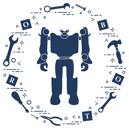 Robot, cubes with letters, toy tools (screwdriver, wrench, screw, hammer). Toys for children. Robotics, technologies. Design for banner, poster or print.のイラスト素材