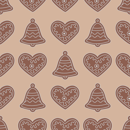 Seamless pattern with gingerbread bells and hearts. Holiday background. Design for banner, poster, textile, print.のイラスト素材