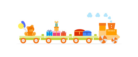 Funny vector illustration with train carries toys: dower chest, bear, gifts, balloons. Happy New Year 2019, Christmas, Birthday. Sale, shopping concept.のイラスト素材