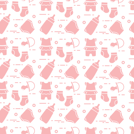Seamless pattern with goods for babies. Newborn baby background. Baby bottle, nipple, socks, diapers, bodysuit.のイラスト素材
