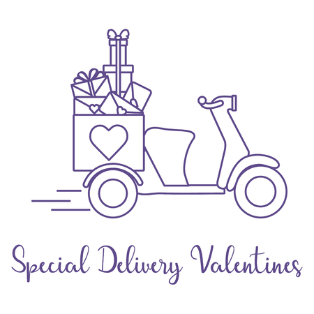Delivery motorbike. Special delivery valentines. Happy Valentine's Day. Romantic background.のイラスト素材