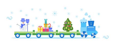 Funny vector illustration with Christmas train carries Christmas tree, snowman with broom, gifts. Happy New Year 2019, Christmas card.のイラスト素材