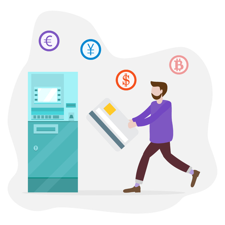 Vector illustration with man goes to ATM with a bank card. Personal finance management. Design for banner, poster or print.のイラスト素材