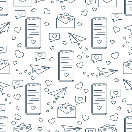 Seamless pattern with paper airplane, envelope, smartphone, sms, hearts. Birthday, Valentine's day, Mother's Day, Father's day, wedding vector romantic background.のイラスト素材