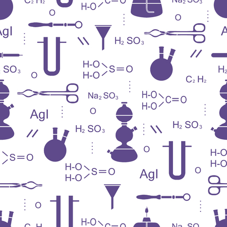 Scientific vector seamless pattern with flasks, burners, funnels, tools and formulas. Education elements. Chemistry, biology, medicine.のイラスト素材