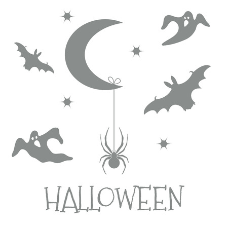 Halloween 2019 vector illustration with month, stars, spider, bats, ghosts. Design for party card, wrapping, fabric, print.のイラスト素材