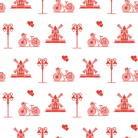 Seamless pattern with windmill, bicycle, lantern. Travel and leisure. Design for banner and print.のイラスト素材