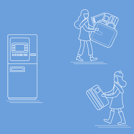 Vector illustration with two girls use ATM services. Bank card, wallet, banknote, coin. Personal finance management. Design for banner, poster or print.のイラスト素材