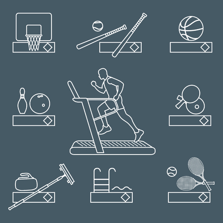 Time to fitness and sports. Healthy lifestyle. Running track with running man. Equipment for playing games and team sports.のイラスト素材