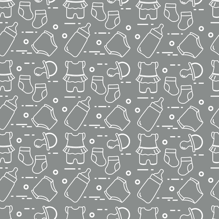 Seamless pattern with goods for babies. Newborn baby background. Baby bottle, nipple, socks, diapers, bodysuit.のイラスト素材