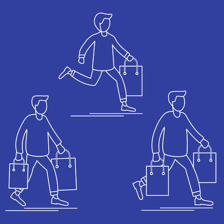 Men carry shopping bags from sale. Shopping men. Big sale. Black Friday. Men bought many gift bags. Special Offer. Design concept for banner, promotional materials, print.のイラスト素材