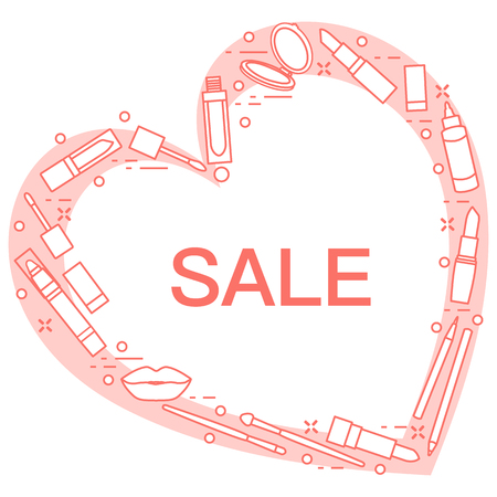 Vector illustration with decorative cosmetics for the lips, located in shape of heart and the inscription sale. Big sale and shopping concept. Design for banner, poster or print.のイラスト素材