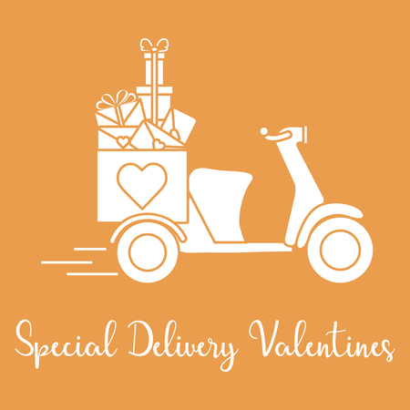 Delivery motorbike. Special delivery valentines. Happy Valentine's Day. Romantic background.のイラスト素材