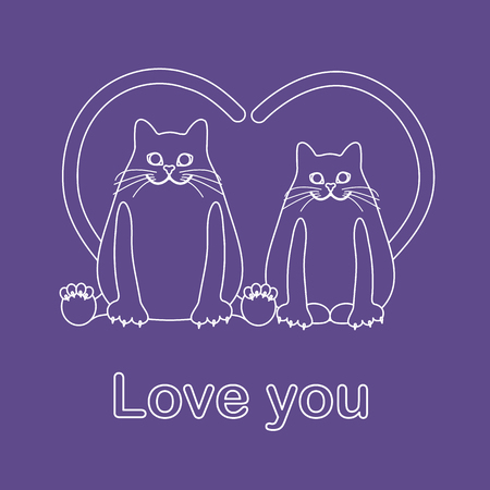 Vector illustration of two cats with heart shaped tails. Love, romantic concept. Happy Valentine's Day. Design for greeting card, party card, banner, poster or print.のイラスト素材