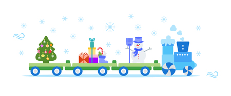 Funny vector illustration with Christmas train carries Christmas tree, snowman with broom, gifts. Happy New Year 2019, Christmas card.のイラスト素材