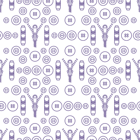 Seamless pattern with zipper, buttons, threads. Sewing and needlework background. Template for design, fabric, print.のイラスト素材