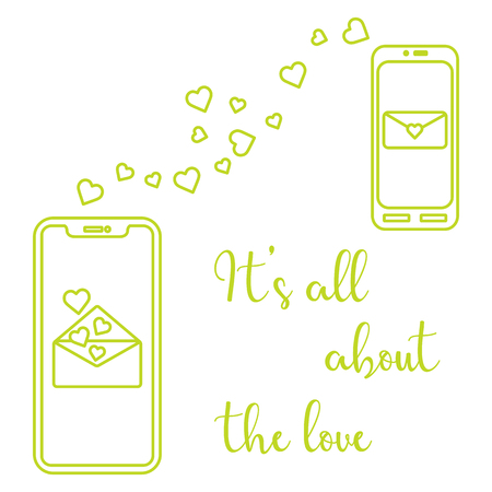Vector illustration with two mobile phones, hearts and love correspondence. Love message. Happy Valentine's Day. Romantic background.のイラスト素材