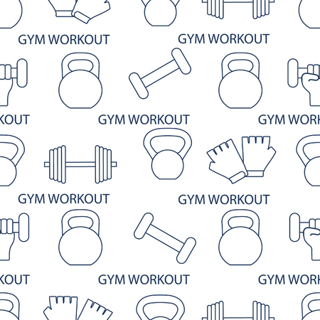Seamless pattern with dumbbells, gloves, arm with dumbbells. Sports background. Weightlifting equipment.のイラスト素材