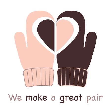 Vector illustration with mittens and drawing heart on them. Inscription we make a great pair. Greeting card happy Valentine's Day. Romantic background.のイラスト素材