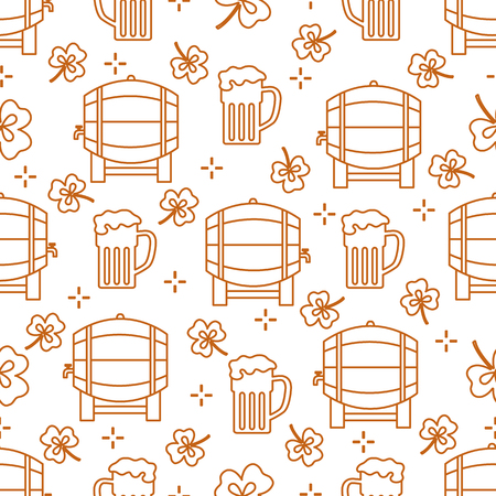 Seamless pattern with clover leaves, beer barrel, beer mug. St. Patrick's Day. Holiday background. Irish vector pattern. Design for banner, poster, textile, print.のイラスト素材