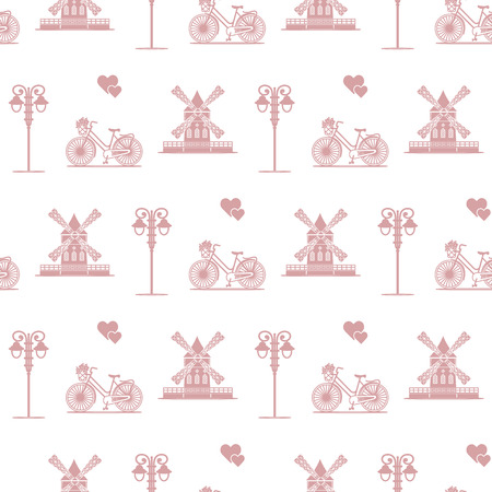 Seamless pattern with windmill, bicycle, lantern. Travel and leisure. Design for banner and print.のイラスト素材