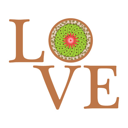 Vector illustration with blooming cactus and inscription love. Love message. Greeting card happy Valentine's Day. Romantic background.のイラスト素材