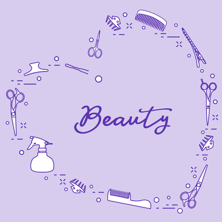 Vector illustration with professional hairdresser tools arranged in heart shape. Beauty salon. Manicure. Glamour fashion vogue style.のイラスト素材