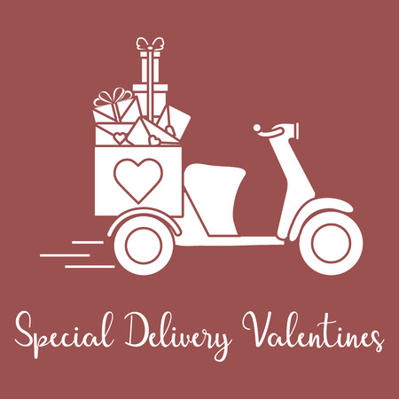 Delivery motorbike. Special delivery valentines. Happy Valentine's Day. Romantic background.のイラスト素材