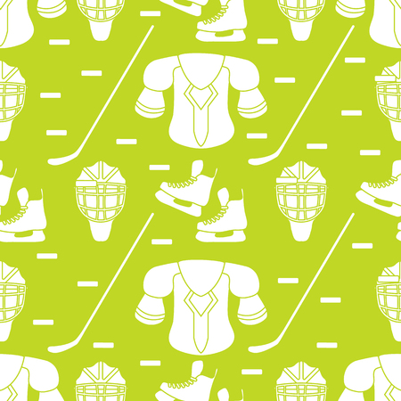 Seamless pattern with skates, goalkeeper mask, hockey stick, ice hockey puck, hockey shoulder pads. Winter sports background. Hockey equipment. Games, hobbies, entertainment.のイラスト素材