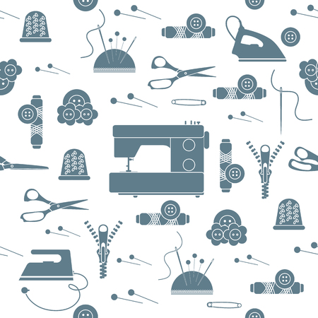 Seamless pattern with zipper, needles, thimble, pins, threads, buttons, scissors, sewing machine, iron. Sewing and needlework background. Template for design, fabric, print.のイラスト素材