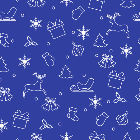 Happy New Year 2019 and Christmas seamless pattern. Winter illustration with mittens, sled, gift, snowflakes, deer, bell, Christmas sock, mistletoe, Christmas tree.のイラスト素材