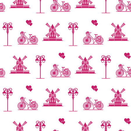 Seamless pattern with windmill, bicycle, lantern. Travel and leisure. Design for banner and print.のイラスト素材