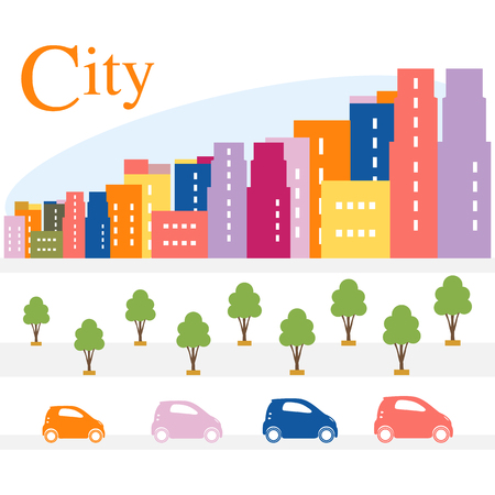 Vector illustration with cityscape. Buildings, trees, street, cars. City panorama. Design for announcement, advertisement, banner or print.のイラスト素材