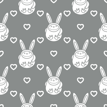 Seamless pattern with cartoon rabbits and hearts. Birthday, Valentine's day, Happy Easter vector background. Festive background. Easter Bunny, rabbit, hare.のイラスト素材
