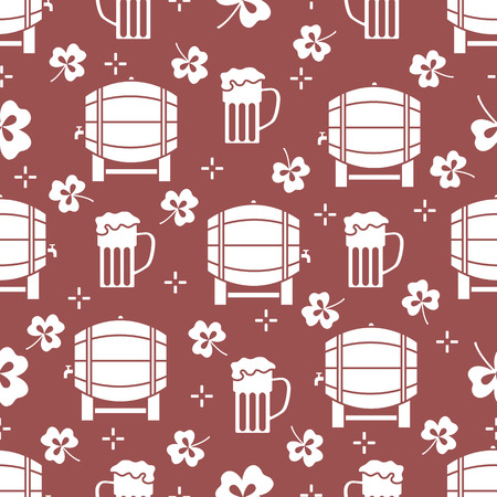 Seamless pattern with clover leaves, beer barrel, beer mug. St. Patrick's Day. Holiday background. Irish vector pattern. Design for banner, poster, textile, print.のイラスト素材