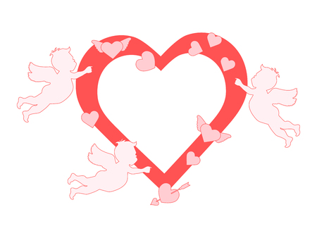 Vector illustration with  cupids, hearts, arrow. Happy Valentine's Day, birthday, wedding romantic background. Design for party card, banner, poster or print.のイラスト素材