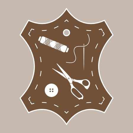 Vector illustration with tools and accessories for sewing. Button, thread, scissors, needle. Template for design, fabric, print.のイラスト素材