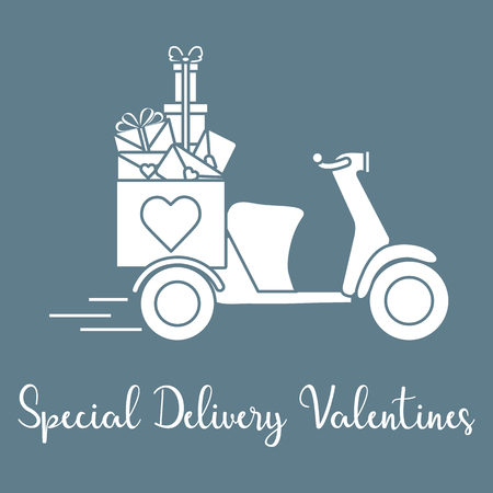 Delivery motorbike. Special delivery valentines. Happy Valentine's Day. Romantic background.のイラスト素材