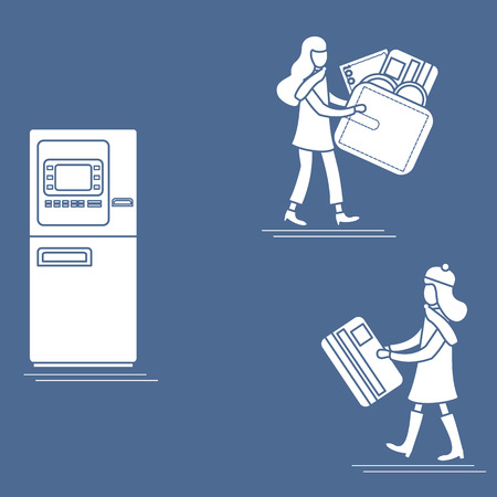 Vector illustration with two girls use ATM services. Bank card, wallet, banknote, coin. Personal finance management. Design for banner, poster or print.のイラスト素材
