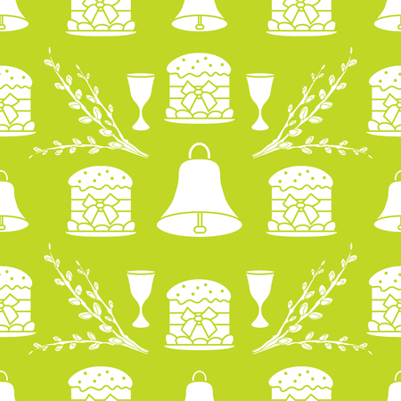 Seamless pattern with Easter cakes, willow branches, bells, wine glasses. Happy Easter. Festive background. Design for banner, poster or print.のイラスト素材