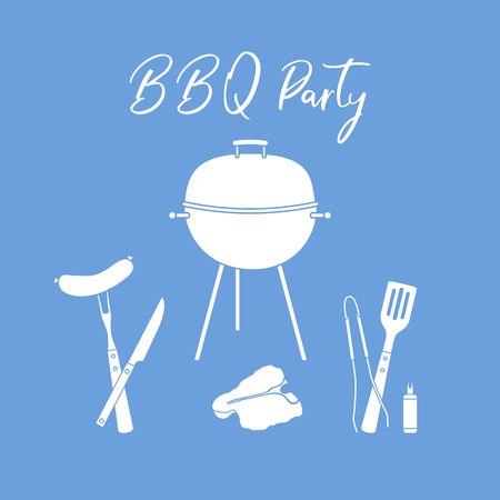 Vector illustration with grill and barbecue tools. BBQ party background. Design for party card, banner, poster or print.のイラスト素材