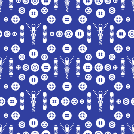 Seamless pattern with zipper, buttons, threads. Sewing and needlework background. Template for design, fabric, print.のイラスト素材
