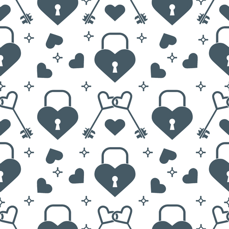 Seamless pattern with hearts, lock, keys in heart shape. Greeting card happy Valentine's Day. Romantic background. Design for banner, poster or print.のイラスト素材