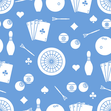 Seamless pattern with bowling pins and bowls, target and arrows for darts, playing cards, billiard balls. Sports background. Design for banner, poster or print.のイラスト素材
