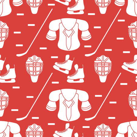 Seamless pattern with skates, goalkeeper mask, hockey stick, ice hockey puck, hockey shoulder pads. Winter sports background. Hockey equipment. Games, hobbies, entertainment.のイラスト素材