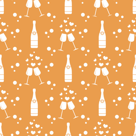 Seamless pattern with champagne glasses, hearts, bottle. Greeting card happy Valentine's Day. Romantic background.のイラスト素材