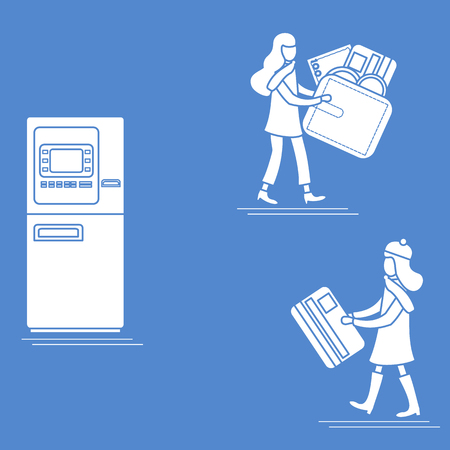 Vector illustration with two girls use ATM services. Bank card, wallet, banknote, coin. Personal finance management. Design for banner, poster or print.のイラスト素材