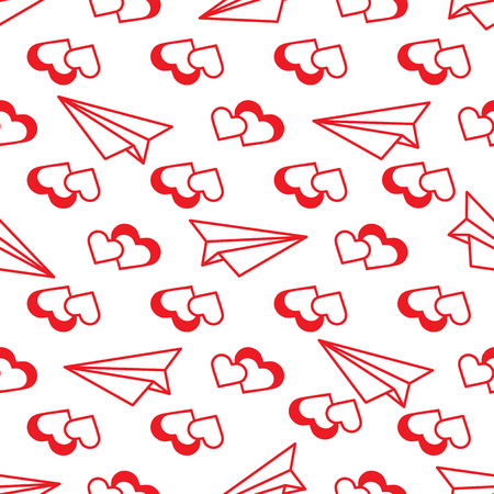 Seamless pattern with paper airplane, hearts. Greeting card happy Valentine's Day. Romantic background.のイラスト素材